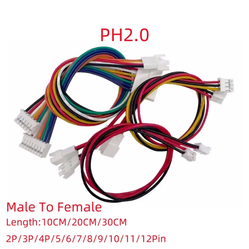 JST PH2.0 Extension Line 2P/3P/4P/5/6/7/8/9/10/11/12Pin PH 2.0mm Male To Female Connector With Cable Length 10CM 20CM 30CM 26AWG