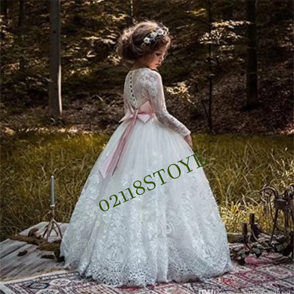 

Flower Girl Dress Vintage Rose Gown With Bow Floor Legth Kids Girl Wedding Party First Communion Ball Gown Christmas