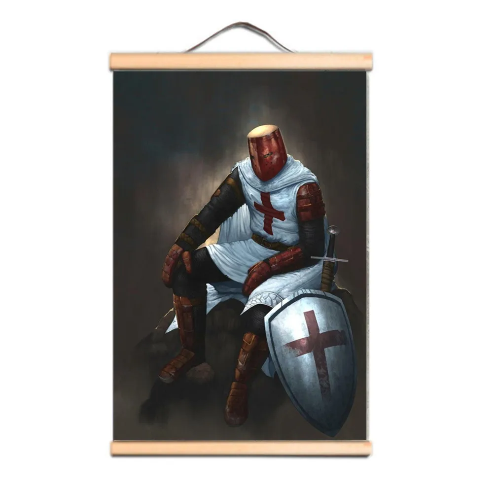 

Here's a Stunning Scroll Painting of a Templar Knight, Vintage Canvas Print Artwork Medieval Crusader Warrior Wall Art Poster C3