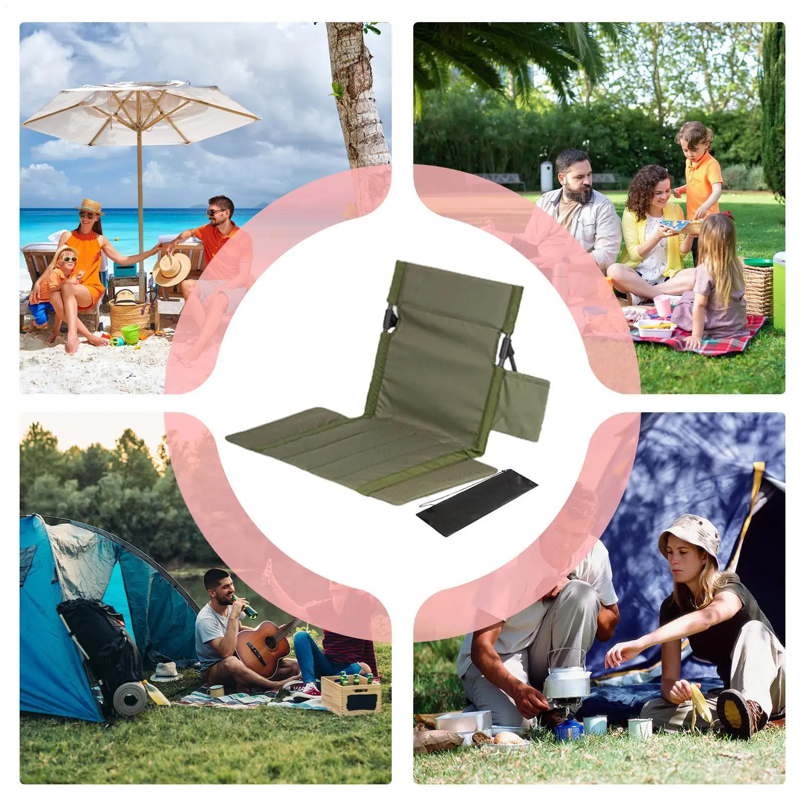 كراسي التخييم قابلة للطي مع دعم الظهر جيب جانبي كرسي قابل للطي مقعد أرضي للتخييم في الهواء الطلق داخلي الصيد نزهة السفر #4