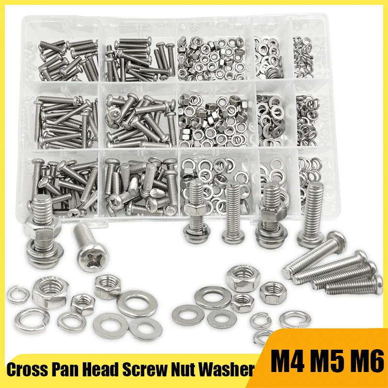 Pan Head Screw 510pcs M4 M5 M6 Stainless Steel Screw Cross Round Phillips Pan Button Round Head Screw Bolt Nut Washer Set Kit