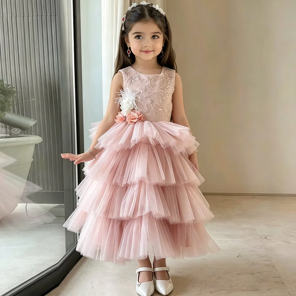 

Elegant Princess Dress Pink Cake Flower Girl Dresses Puffy Dress For Girls A-line Feather Birthday Dress Lace Cute Kids' Dresses