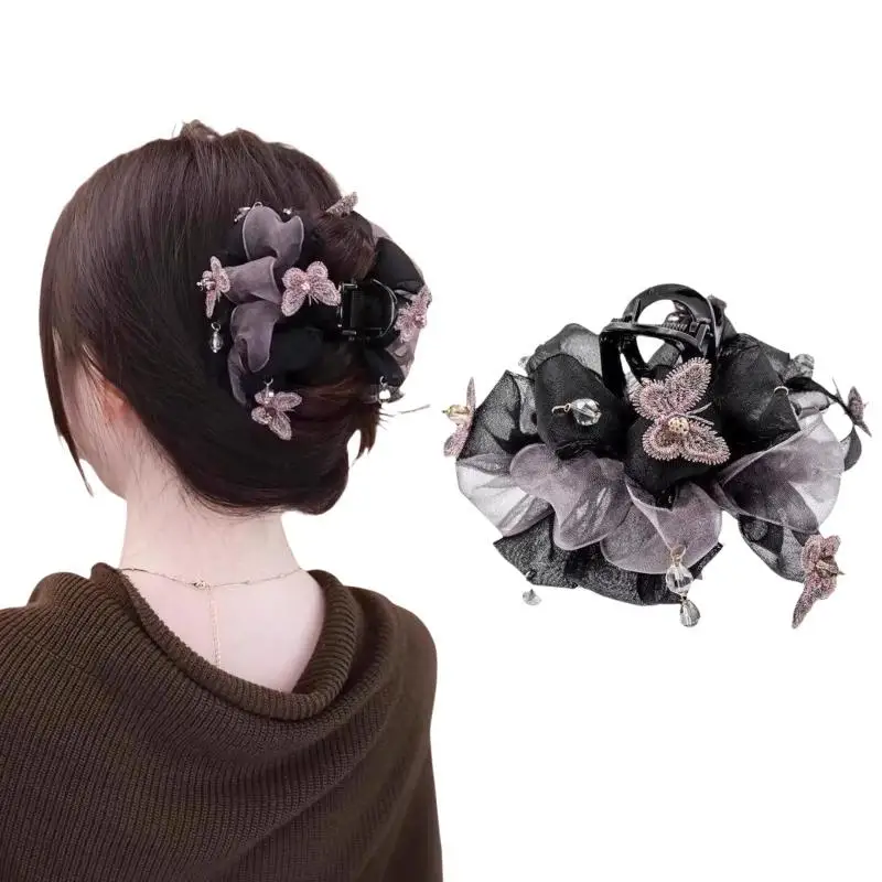 Netz-Schmetterlings-Haarspange für Damen mit Kristall-Quasten, rutschfeste Haarklammer für Pferdeschwanz und Hochsteckfrisuren, Haaraccessoires für Alltag, Party und Hochzeit – Detail 6