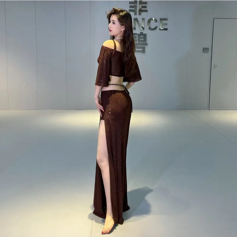 Trajes de dança do ventre mocha personalizados, conjunto de roupas de prática de malha, vestido de classe, top + saia (saia vem com calças de segurança)