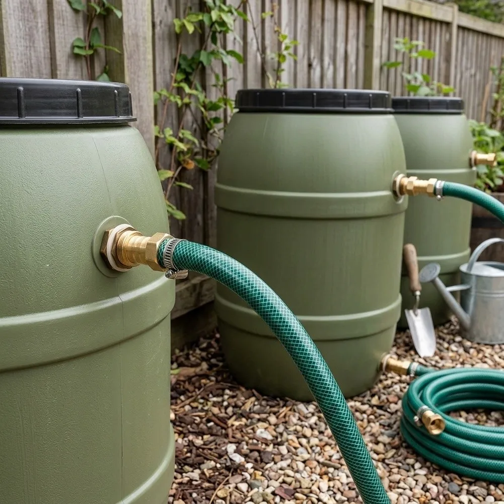 Rubber Hose Rain Bucket Connector Kit with Brass Adapters for Connecting Multiple Rain Barrels in Water Conservation Setup