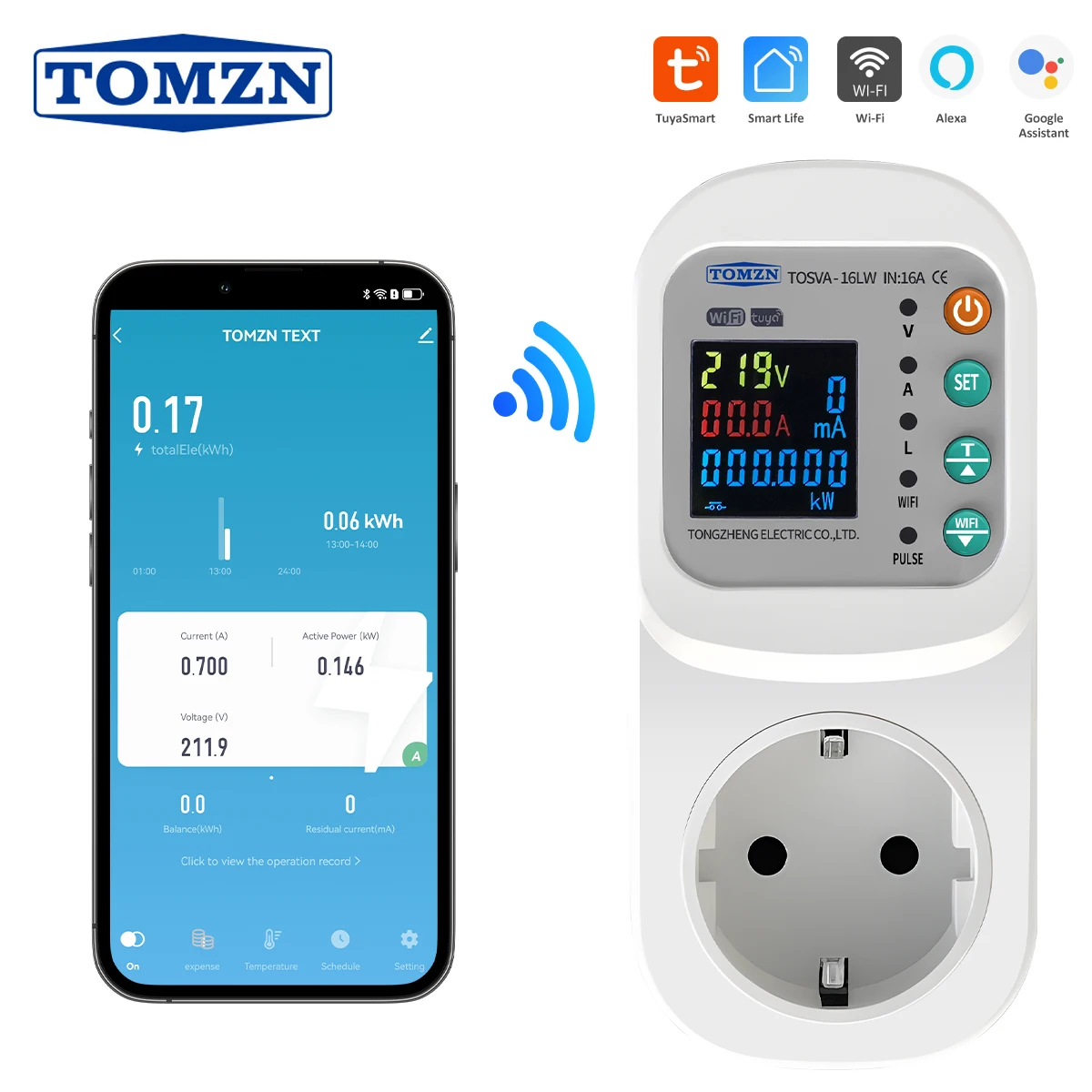 TOMZN TOSVA-16LW EU WIFI TUYA Voltage Current Leakage Socket AC 110V 220V Adjustable 1-16A Power Surge Protector Metering Timer