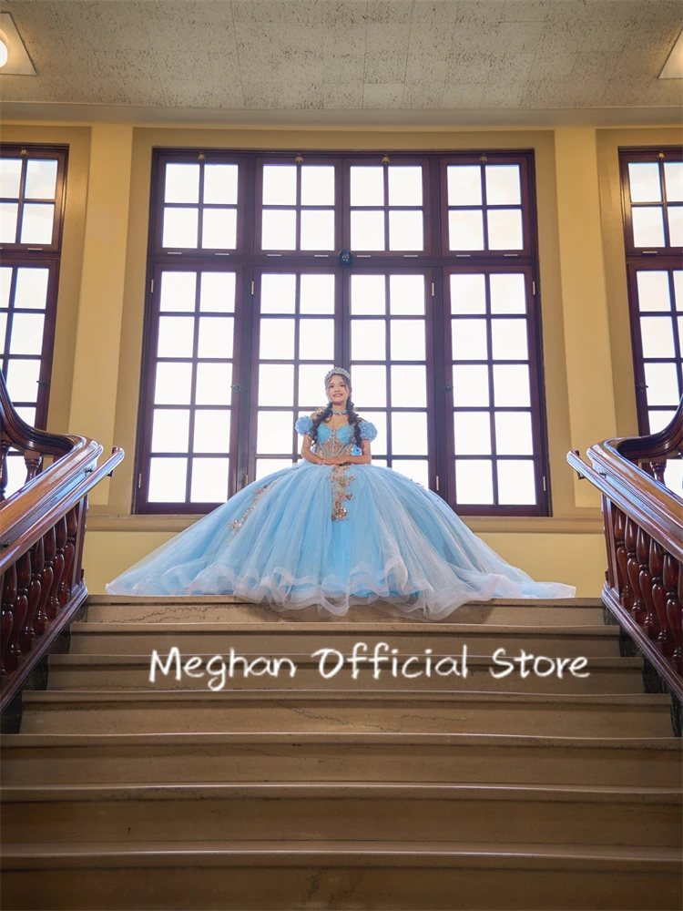 Sky Blue Quinceanera Dresses Ball Gown Off The Shoulder Appliques Sweet 16 Dresses 15 Años Customized