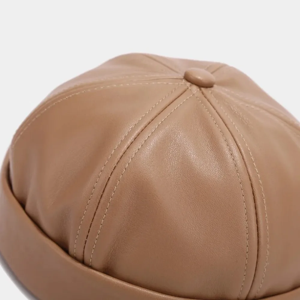 Casual Retro Brimless Hat PU Leather Adjustable Melon Skin Caps Solid Color Docker Cap Unisex