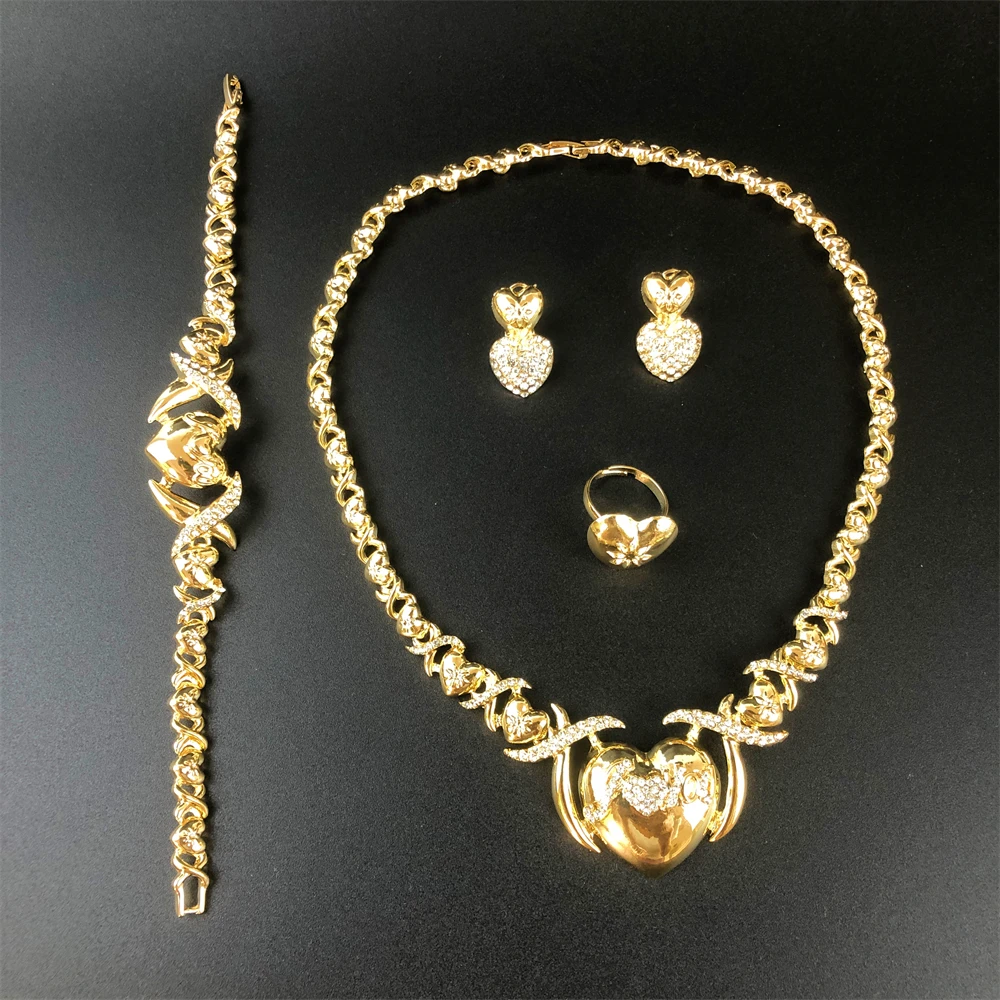 ESALE Hot selling Women XOXO Jewelry Set Gold Plated Heart Necklace Bride Wedding Necklace Earrings Bracelet Ring Set Gift