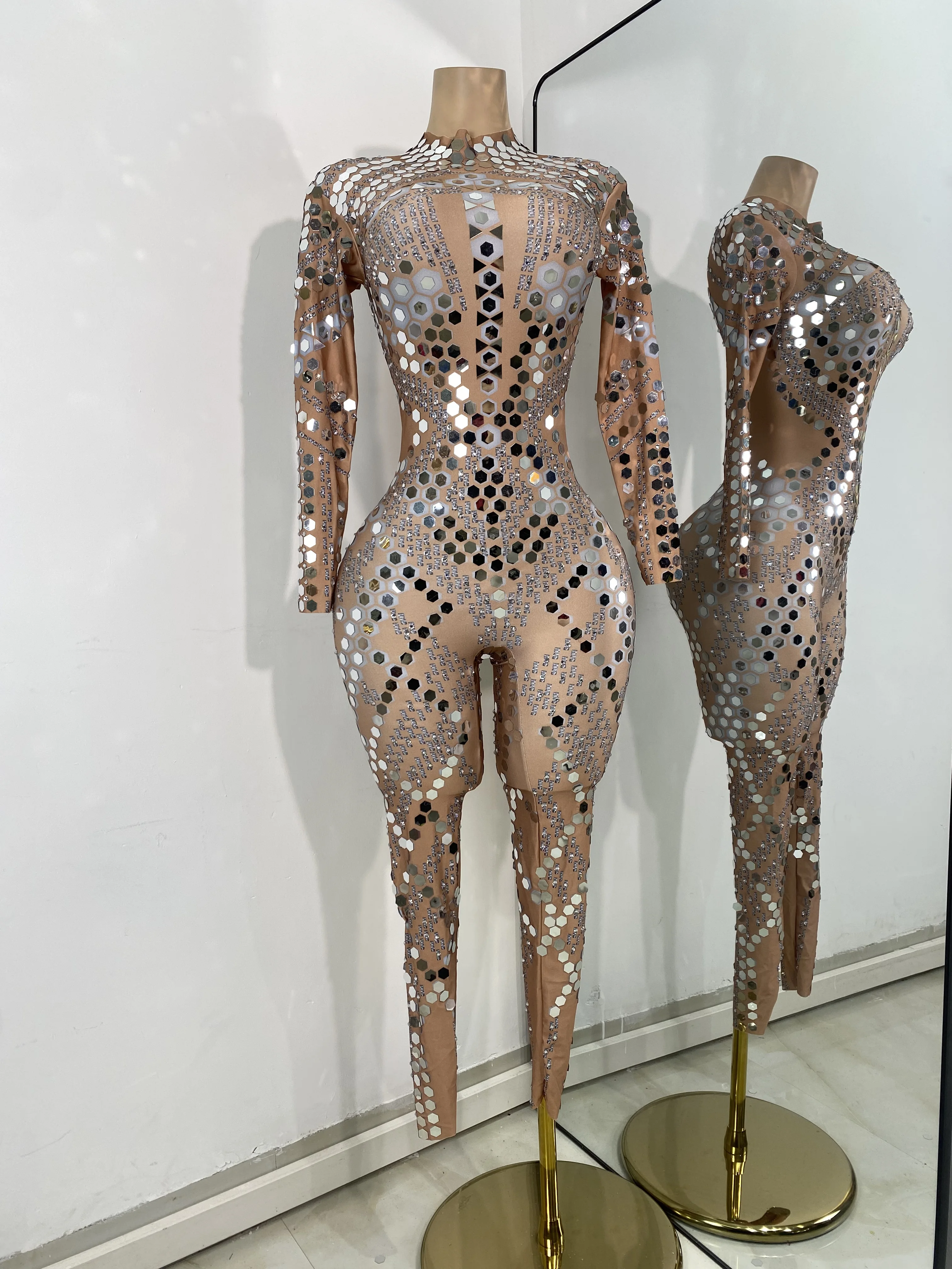 Mono ajustado de LICRA para mujer, traje de Cosplay con espejos de manga larga, traje de bailarina para club nocturno, ropa para actuación en escenario