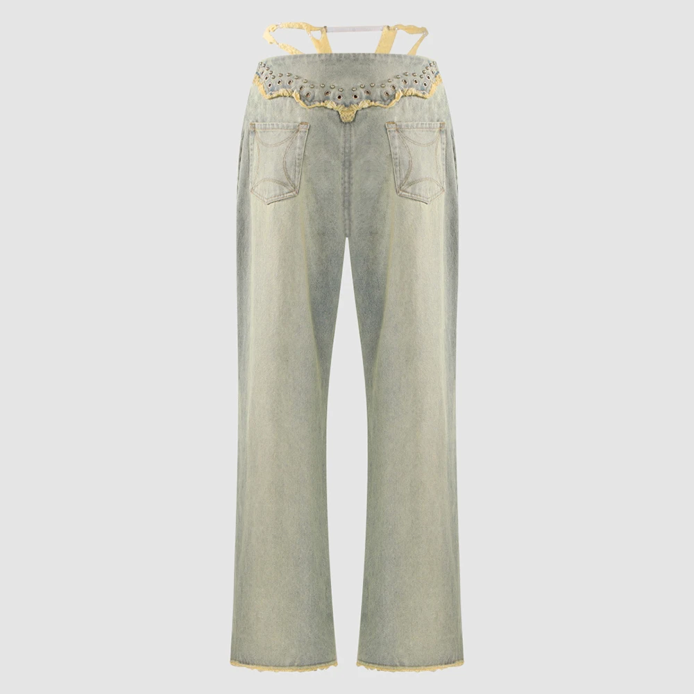 Y2K Lace Up High Waist Jeans Women 100% Cotton Vintage Washed Rivet Fringe Wide Leg Baggy Denim Pants Streetwear 2026 New Y2K