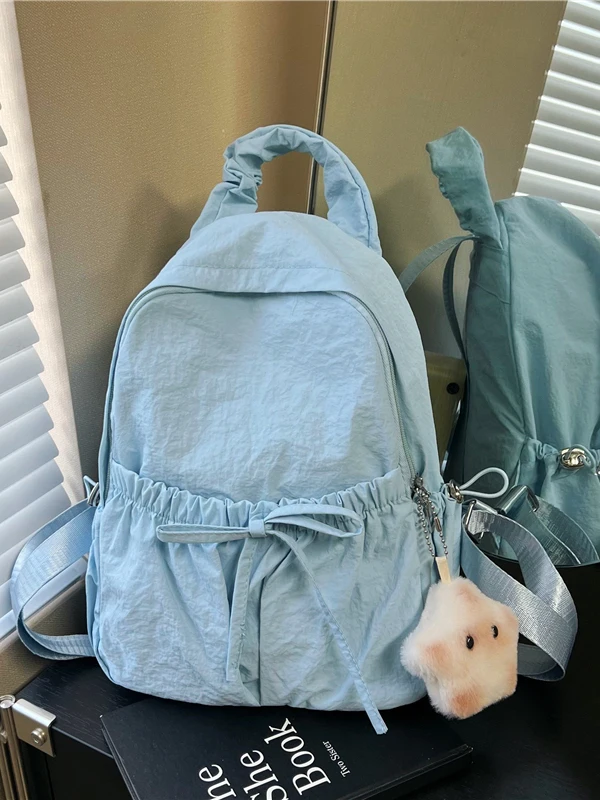 Casual Lightweight  Knot Double Shoulder Bag Nylon Drawstring Backpack Large Capacity Travel Versatile  Color Cute