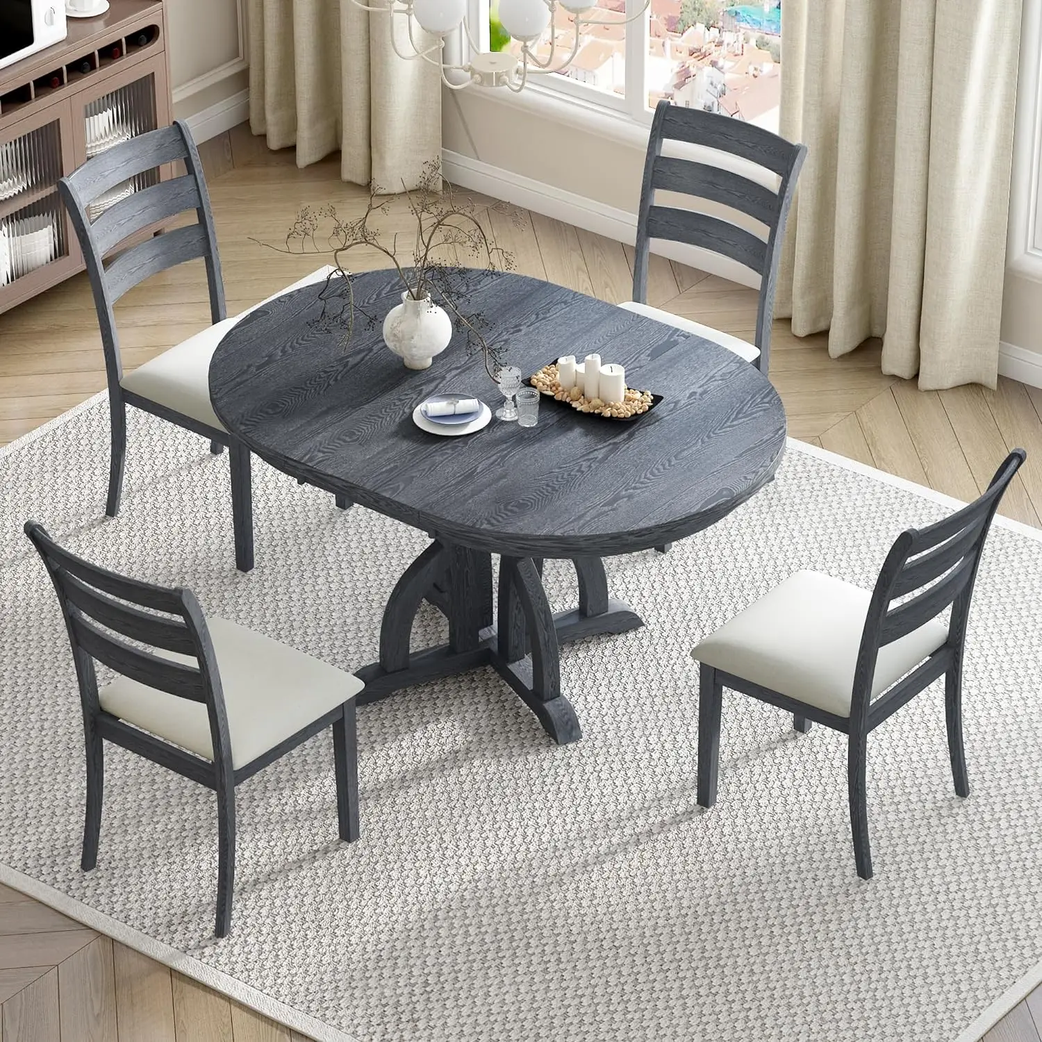 Lumisol Round Dining Table Set For 4, Round Extendable Table With Removable Leaf And 4 Dining Chairs, 5 Piece Dining Table Set