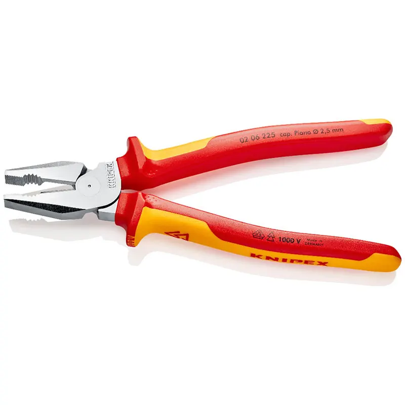 KNIPEX 02 06 225 High Leverage Combination Pliers for Heavy Duty Easier Work 9-inch Insulated Tools with Long Cutting Edges