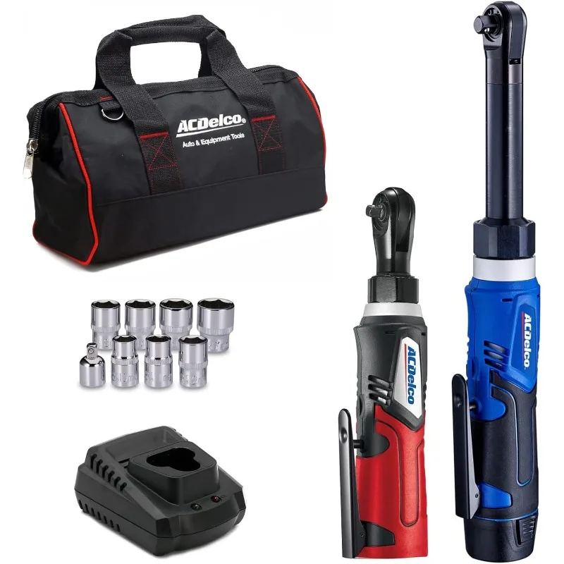 ACDelco ARW1218-K18 G12 Series 12V Li-ion Cordless 3/8” Extended Rachet Wrench & ¼” Ratchet Wrench Combo Tool Kit,Blue/Red