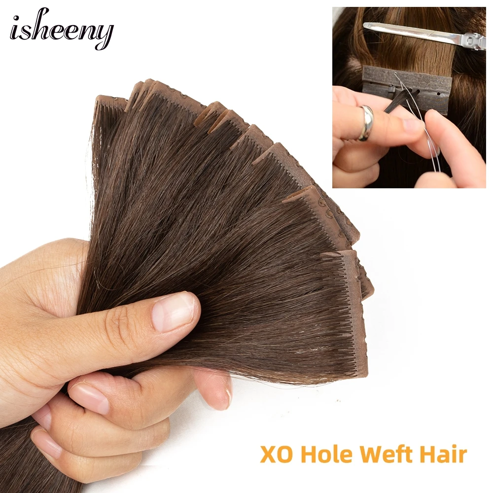 Isheeny Invisible Hair Extensions 12-24 Inches PU Skin Tape in Human Hair 10pcs Natural Straight Hair Micro Ring Weft Hair