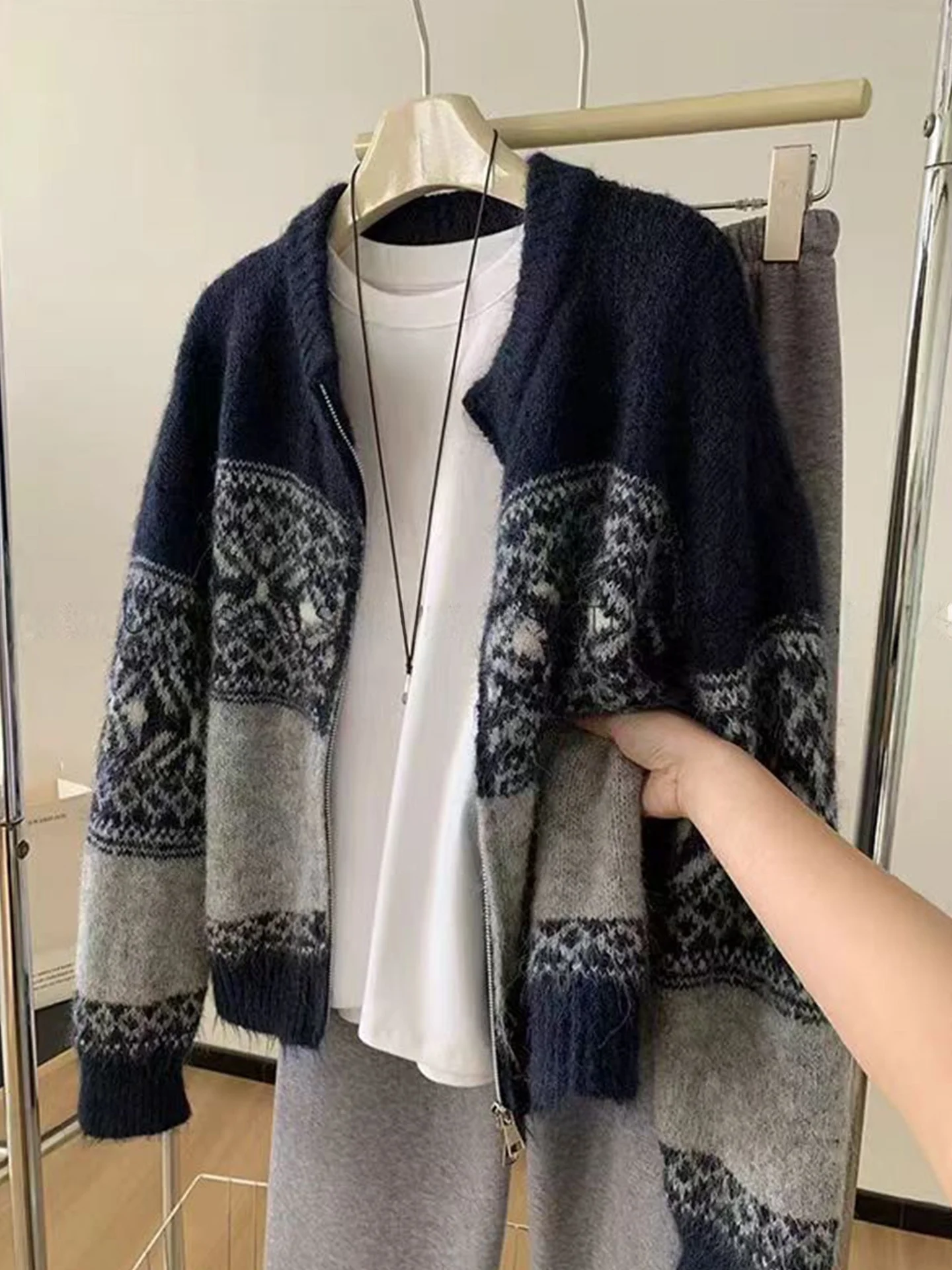 

Feilao Island Knitted Zipper Knitwear Oversized Women's Faion Retro Inner Wear Outer Wear Sweater Coat Korean Sle