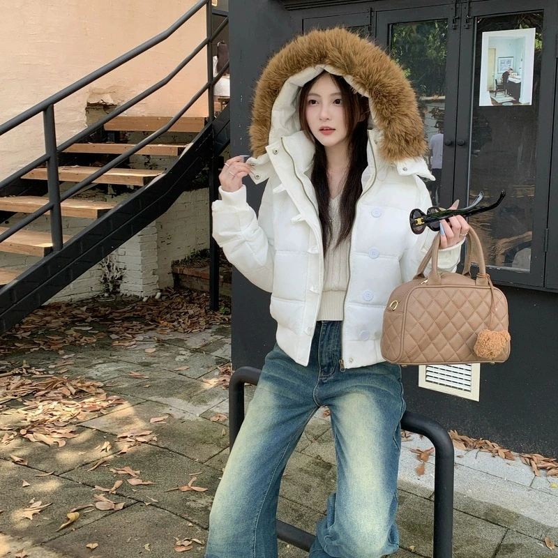 

Winter Big Fur Collar Hooded Short Style Solid Color Elegant Cotton Jacket Women 2025 Parkas