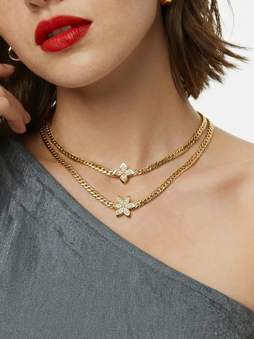 

Nivora из нержавеющей стали, плоская кубинская цепочка, ожерелье, браслеты для женщин, кубический цирконий, цветок, очаровательные свадебные банкетные украшения