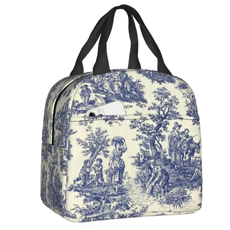 Toile De Jouy Blue Thermal Insulated Lunch Bags Women French Navy Blue Motif Resuable Lunch Tote for School Storage Food Box