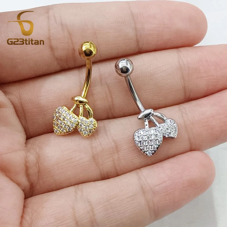 G23Titan Crystal Cherry Belly Button Rings Barbell Body Piercing Women Party Holiday Navel Decoration 6-16mm Gold Silver Color