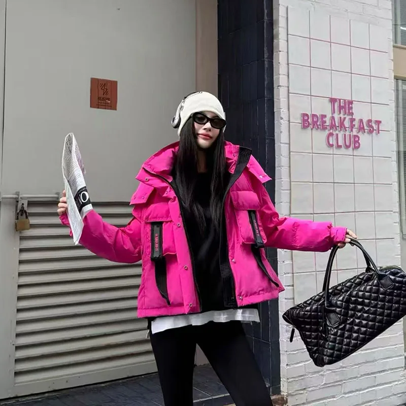 Daunenjacke mit Kapuze, Damenbekleidung, 2025, neues Spleißen, modisch, vielseitig, kurz, locker, Damen-Daunenjacke, weiblich, Parker H567