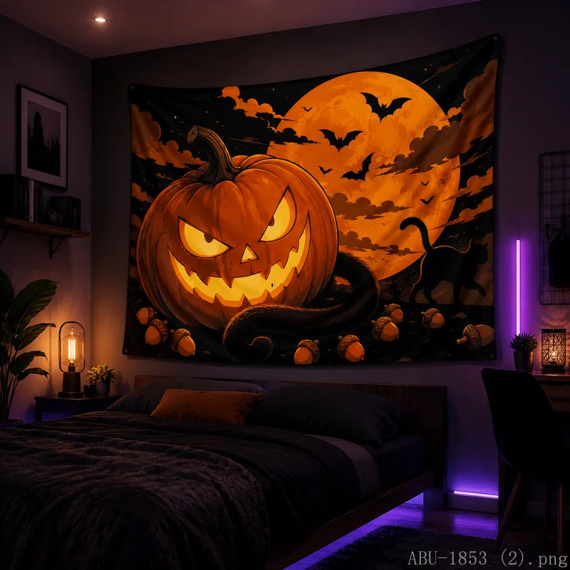 VIKAMA Evil Jack-o-lantern Tapestry Halloween Lightning Storm Wall Hanging for Bedroom Festival Gift