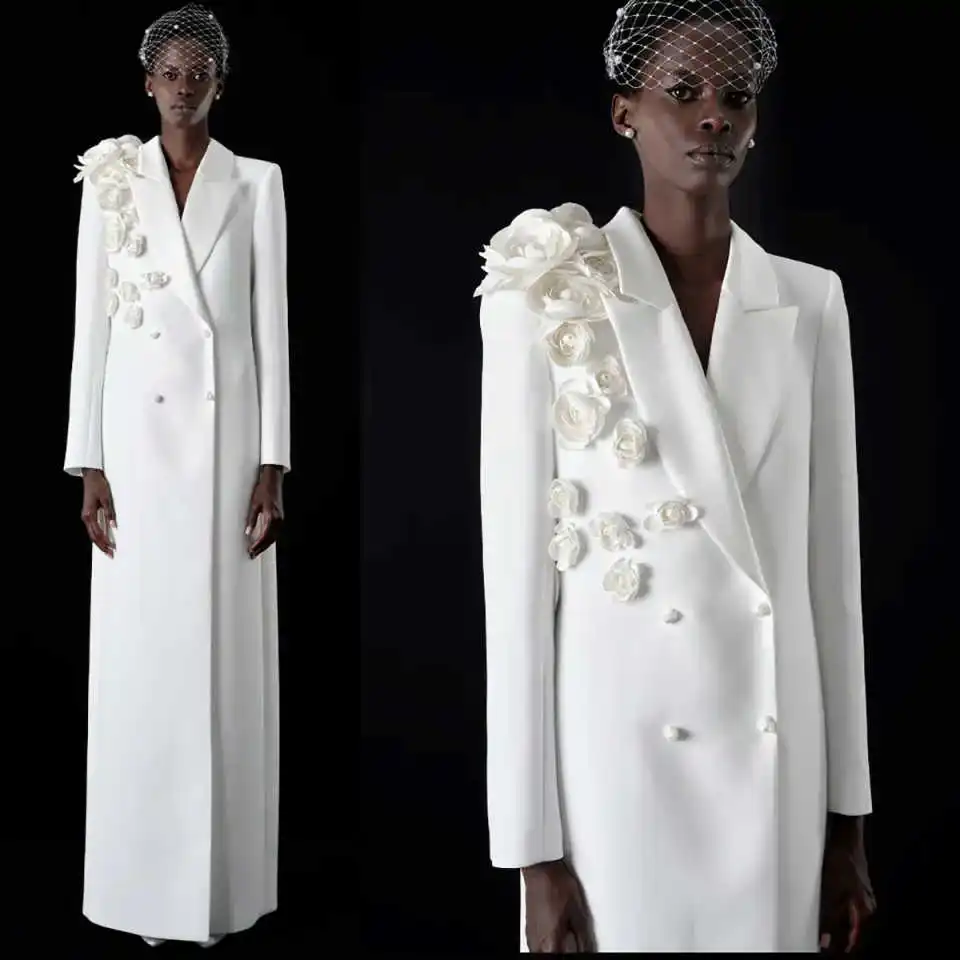 

Elegant 3D Flowers Women Long Overcoat Peaked Lapel Double Breasted Jacket Blazers Plus Size Birthday Party Customized One Piece