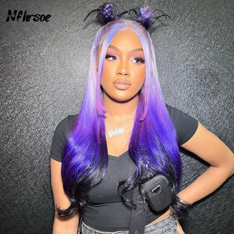 

Transparent 13x4 HD Lace Frontal Wigs Cosplay Ombre Light Dark Purple Long Straight Brazilian Colored Human Hair Wig Pre Plucked