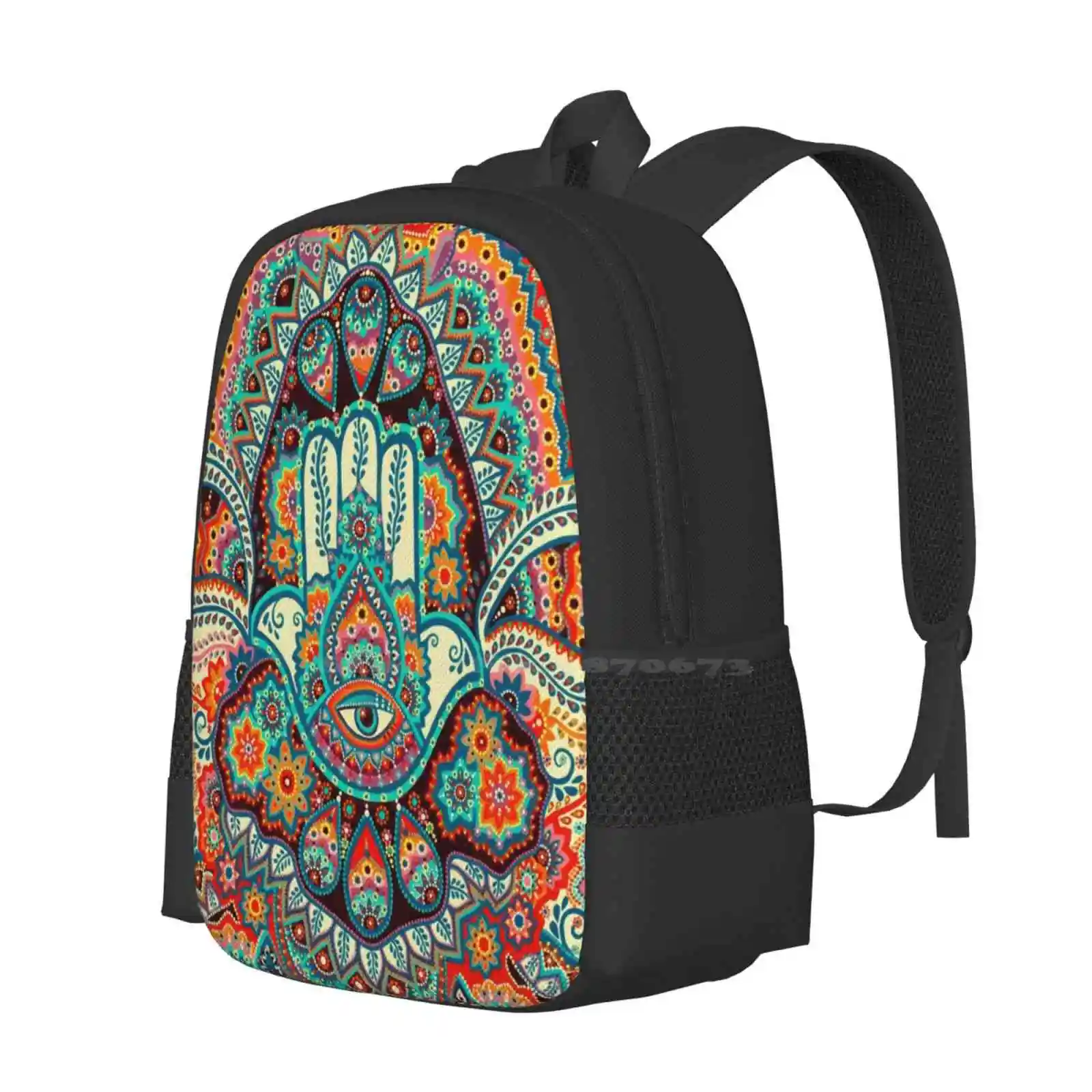 Hamsa Hand Backpack For Student School Laptop Travel Bag Hamsa Hand Healing Dot Art Mandala Flower Meditate Zen Boho Bohemian