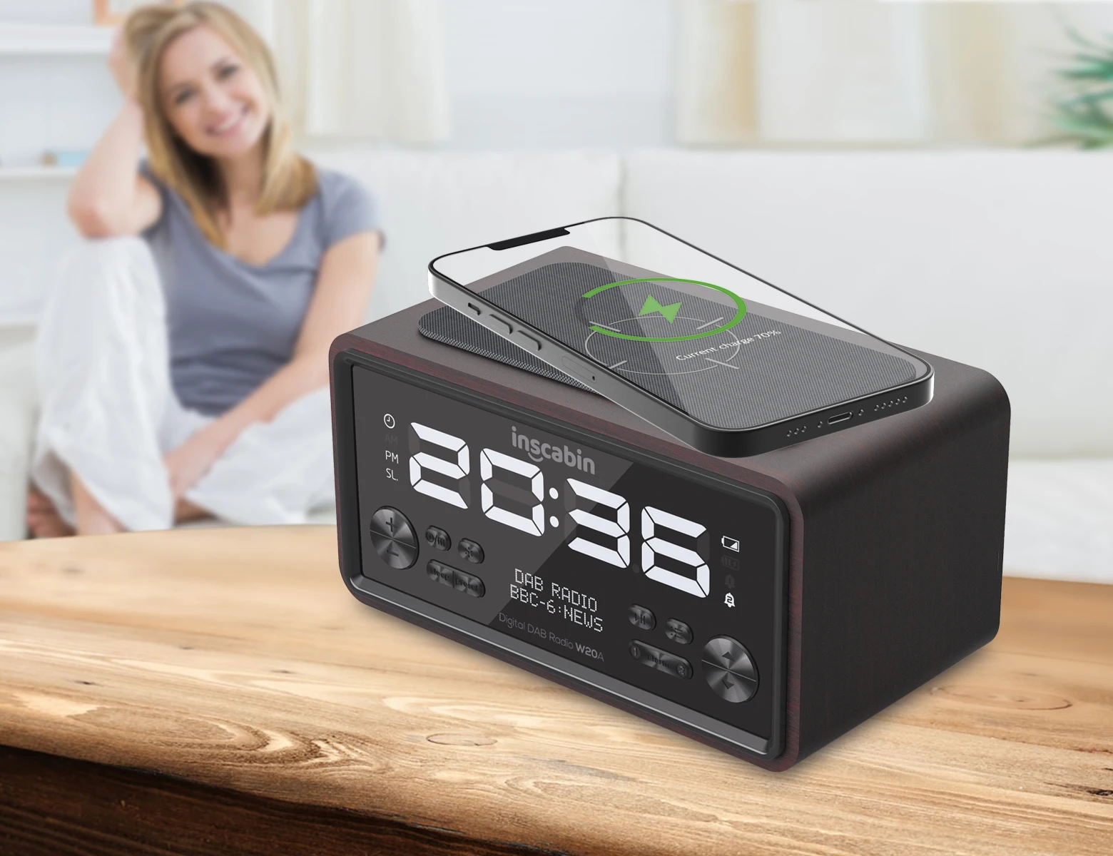 Inscabin W20 DAB/DAB+ FM Digital Radio Alarm Clock with Wireless Charging/Bluetooth/Beautiful design for Bedroom Kitchen Office