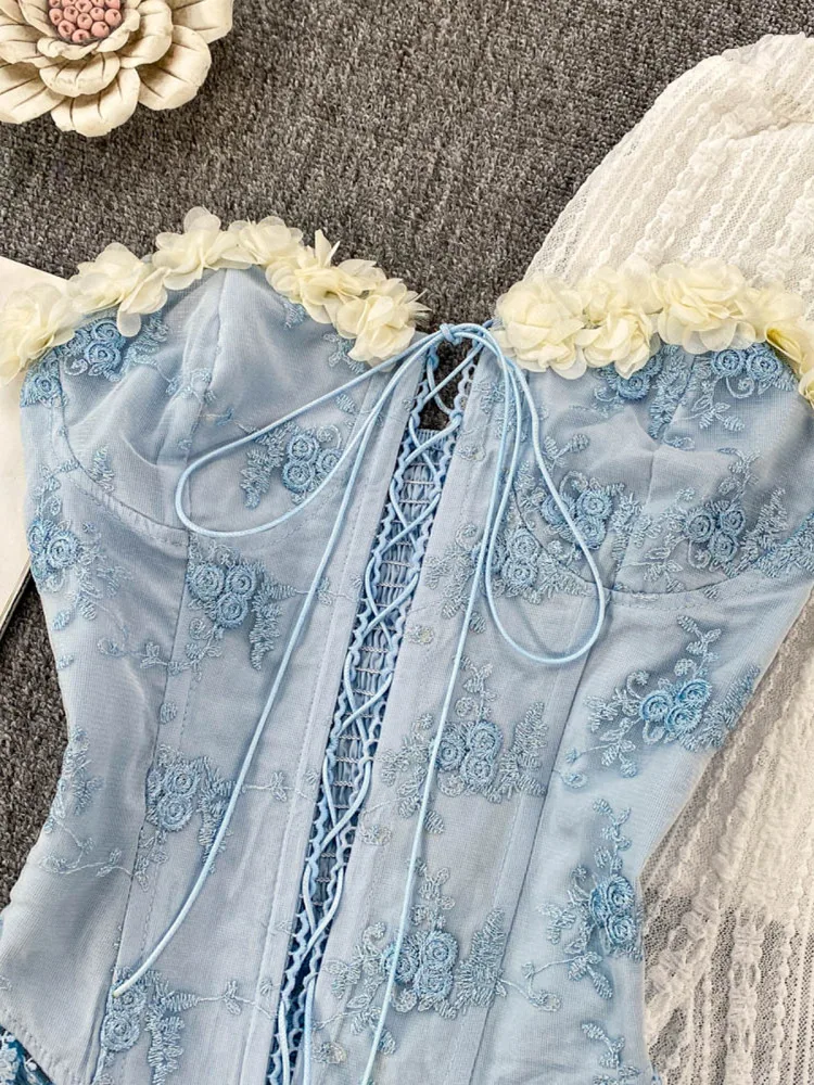 

Heavy Embroidery Lace Tie Waist Crop Top Women's Summer Sexy Slimming ort irt with 3D Flower Design Csole Tank Top
