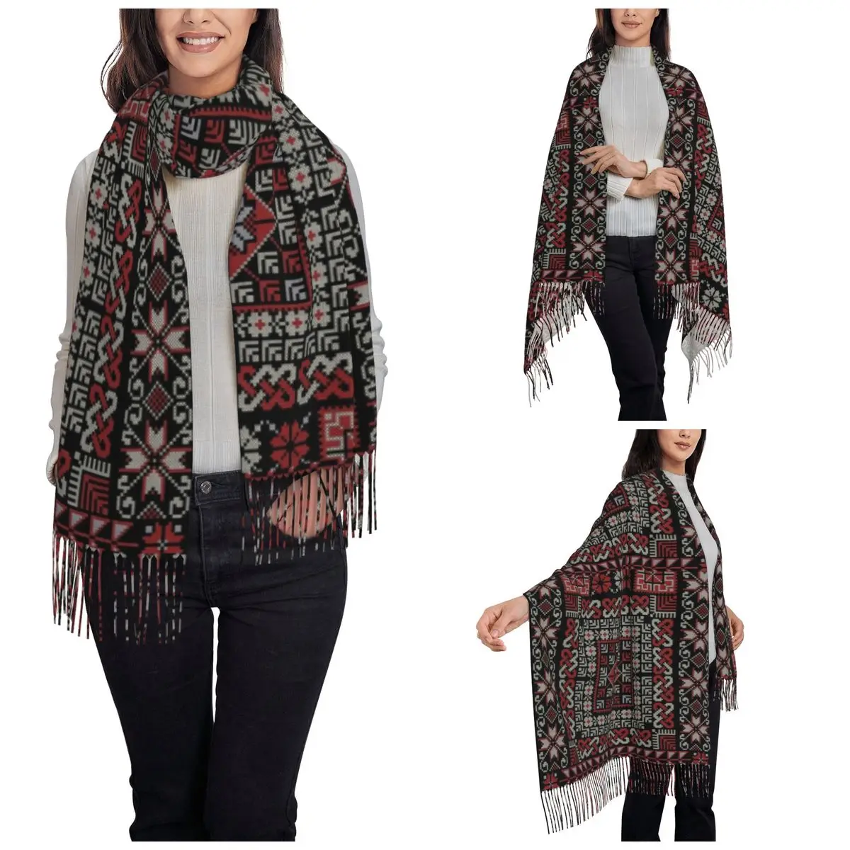 Palestinian Jordanian Fallahi Tatreez Shawl Wraps for Womens Warm Large Long Scarf Palestine Pashminas Tassel Scarves