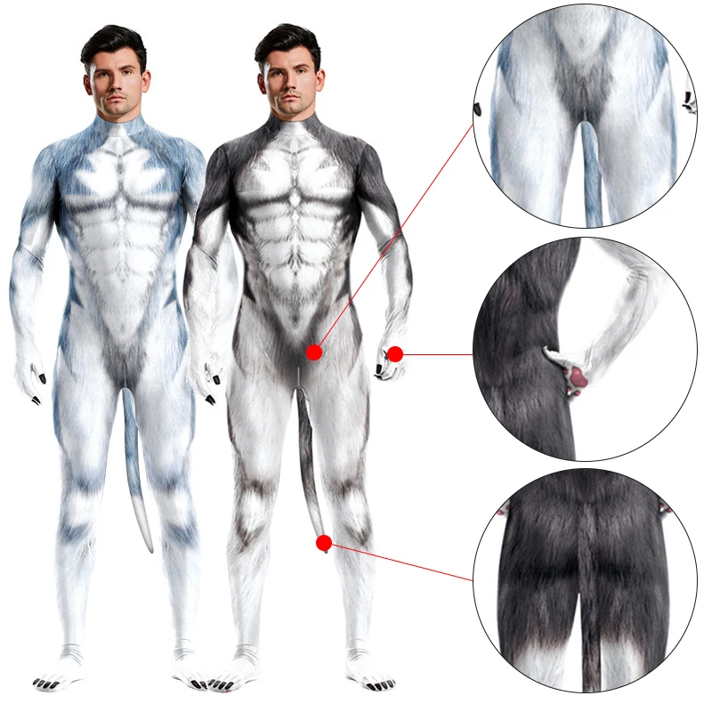 

Костюм мужской для косплея «Прямой волк», пикантный Модный облегающий боди с хвостом и молнией, с открытой промежностью, с животным, на Хэллоуин