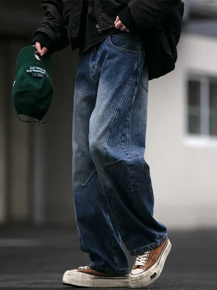 Amerikaanse zwaargewicht cargo jeans heren Koreaanse broek met rechte pijpen Vintage gewassen blauwe casual premium denim trendy modebroek