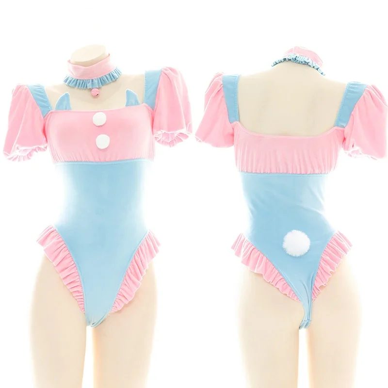 Lolita Blue Pink Puff Sleeve Bodysuit Cute Cat Ears Ruffle Swimwear Japanese School Girl Cosplay Sukumizu Maid Uniform Drop Ship