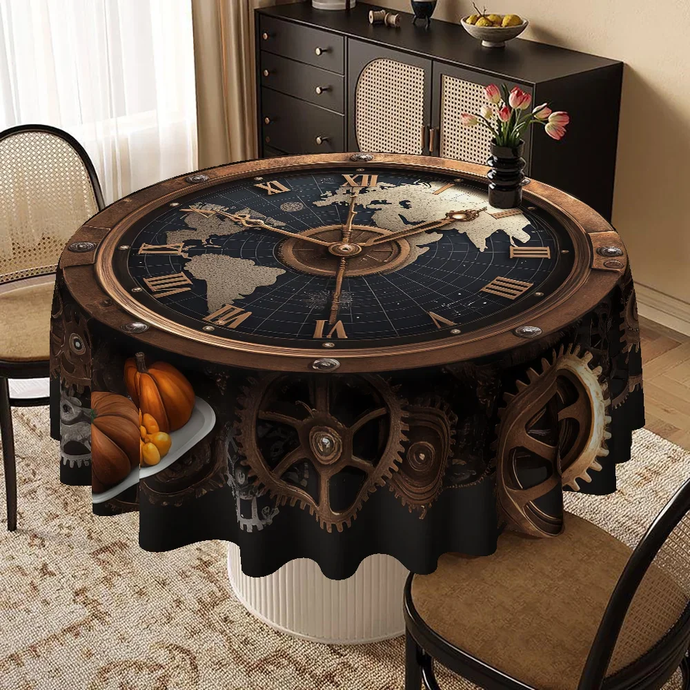 One steam punk style gear pumpkin printed round tablecloth, suitable for Halloween, Day of the Dead, and as a gift.