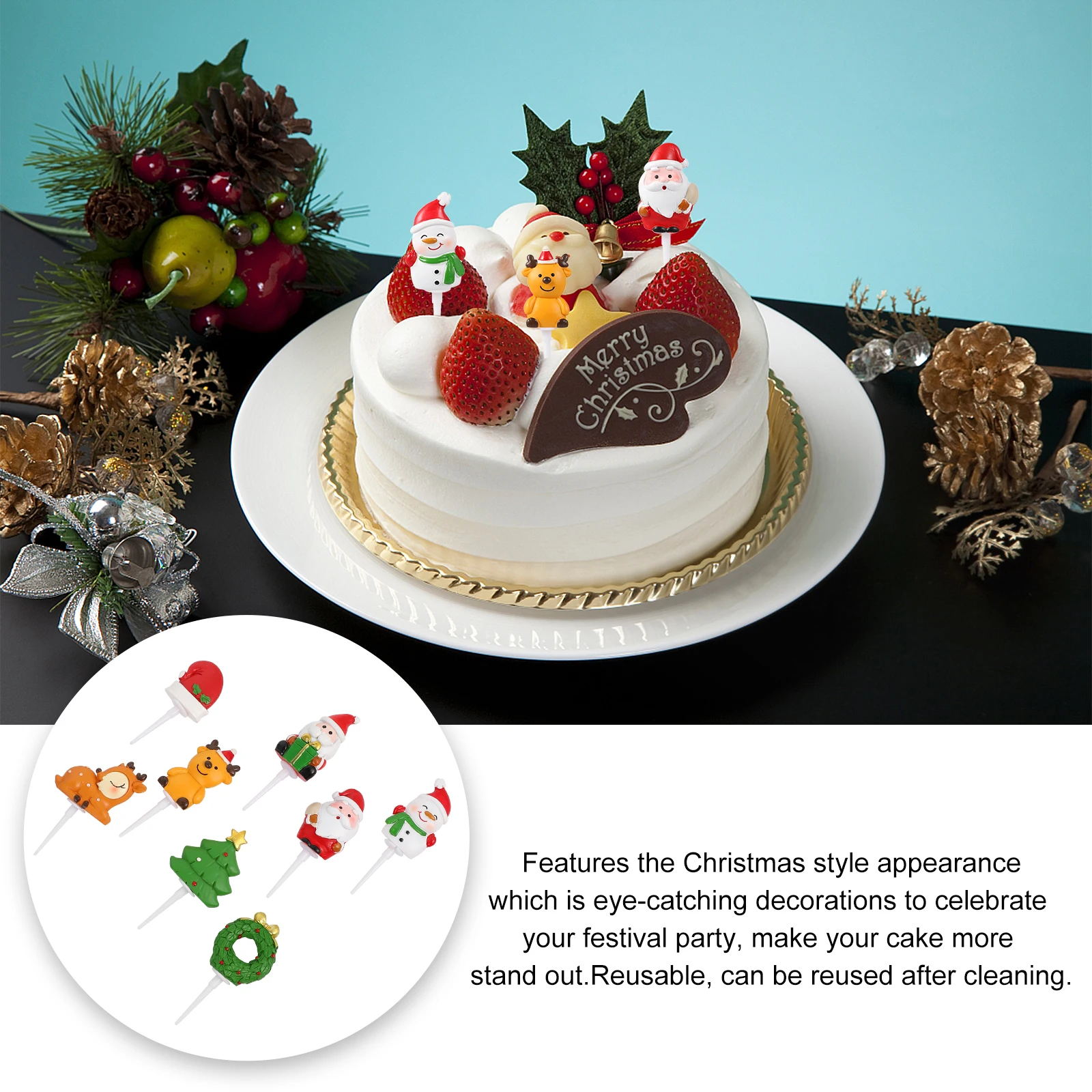 

8Pcs Christmas Cake Toppers Durable Xmas Themed Reusable Festival Cake Decor Ornament for Party Baking Supplies
