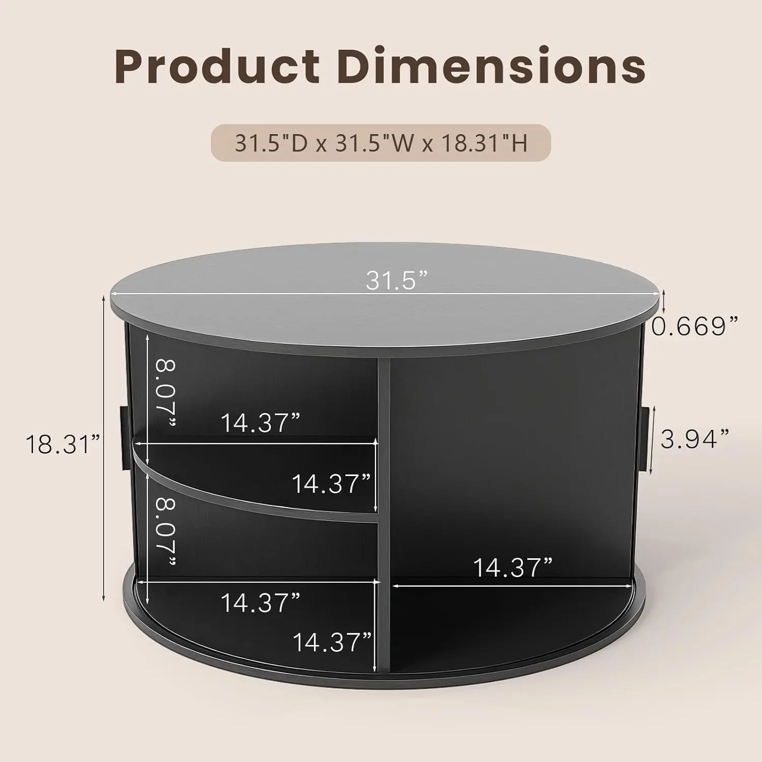 طاولة قهوة مستديرة للتخزين بأربعة مناطق، 31.5 بوصة مع 360 درجة °   باب منزلق منحني، لهجة خشبية مخددة ولمسة نهائية من خشب الجوز لغرفة المعيشة (B