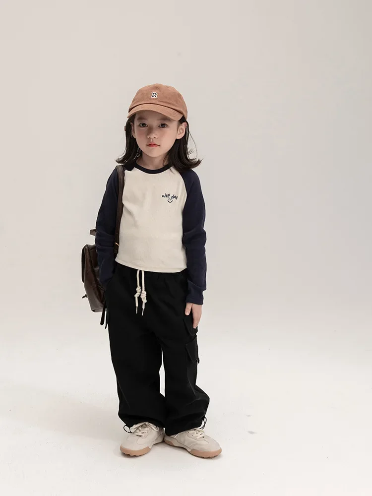 Girls Pants 2024 Autumn New Childrens Clothes Girls Baby Foreign Style Big Pockets High Waist Cargo Pants Casual Simple Daily image 5