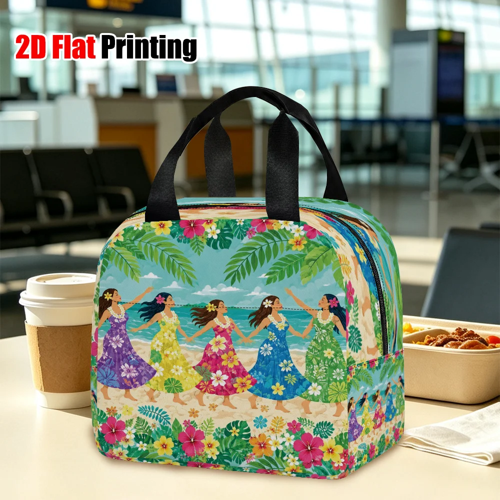 2D Flat 1pc Hawaiian Dancers Beach Flowers Pattern Insulated Bento Bag, Durable Polyester Lunch Storage Handbag with Comfortable