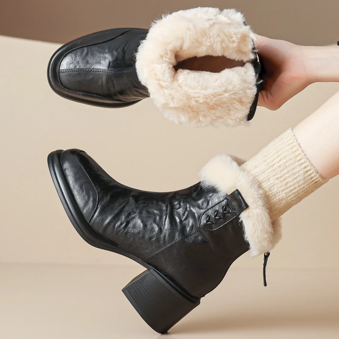 

2025 New women's sheepskin round toe back zip wool inside winter ankle snow boots 6cm thick high heel warm short booties shoes