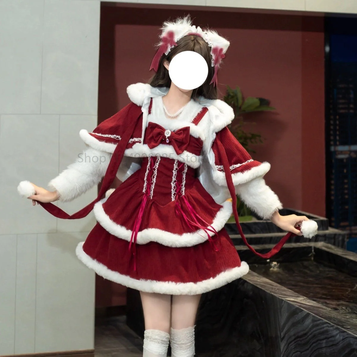 

Japanese Kawaii Lolita Dress Sets Women Hooded Shawl Bow Mini Strap Dress Korean Style Sweet Red Christmas New Year Suit