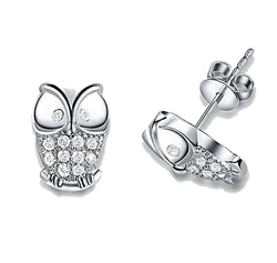 New Fashion 925 Sterling Silver Mini Animal Owl Jewelry Shiny CZ Crystal Woman Stud Earrings Girls Birthday Gift Ear Studs