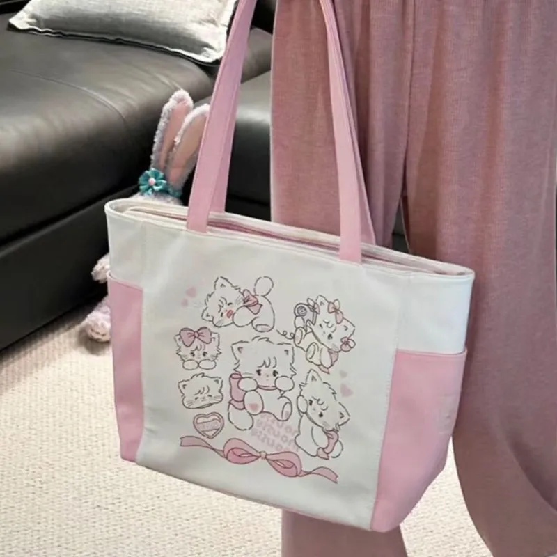 Sweet Lovely Kitten Tote Bag Women Color Block Large Capacity Shoulder Bag Ladies Fashion Cartoon Print Commute Underarm Bag New