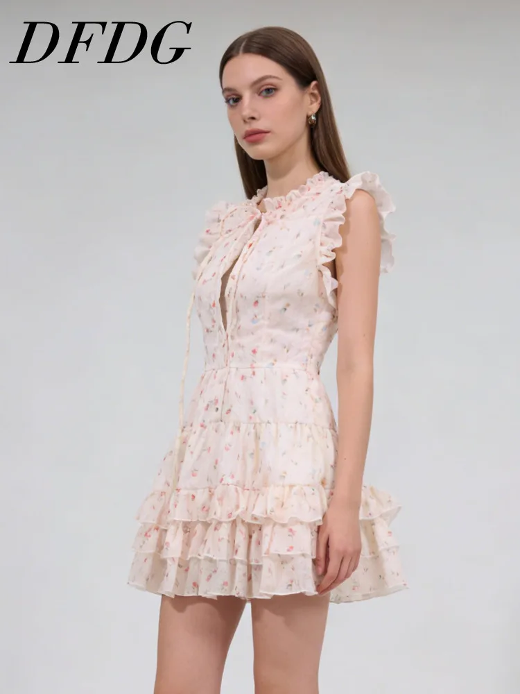 

DFDG Women's Spring Summer Stand Collar Sleeveless Floral Print Tiered Ruffle Dress Casual 2026 Trendy Feminine Fashion Dress