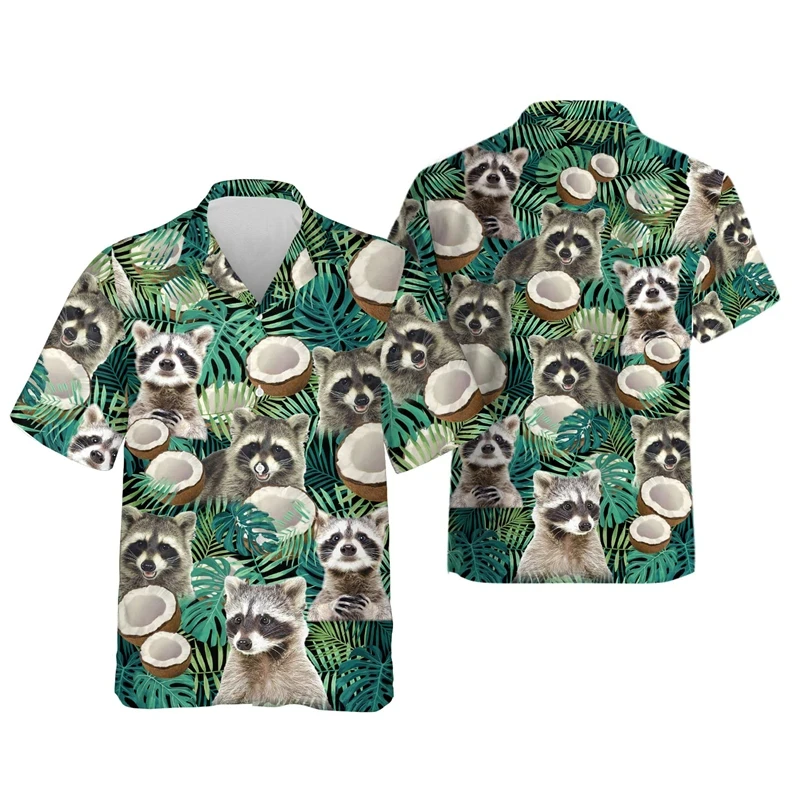 Cute Raccoon 3D Print Shirts For Men Clothes Hawaiian Graphic Short Sleeve Blouses Funny Animal Flower Lapel Blouse Button Tops