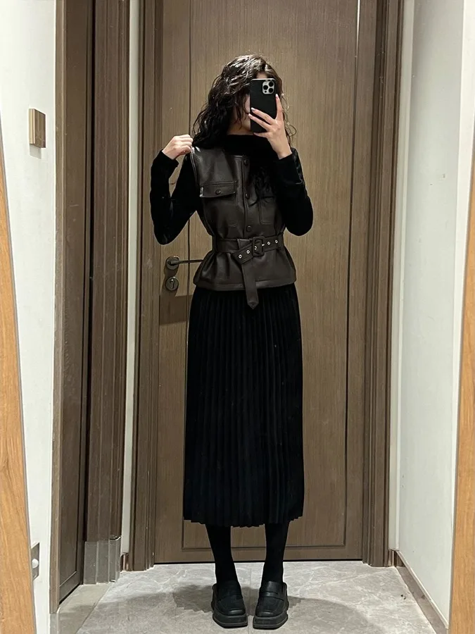 

plus Size Women's Retro Layered Leather Vest Dr Autumn Winter High Waist A-Line Base Dr Long Sve Full-Length Korean ...