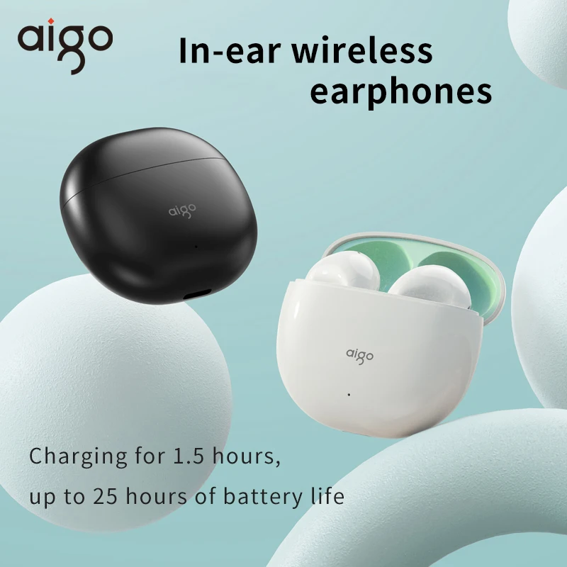 Aigo TA68 Noise Reduction Headphone Waterproof Sport Wireless ENC Earbuds Exercise Music 25H Battery Life Bluetooth 5.4 Headset