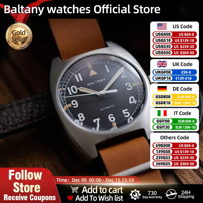 BALTANY W10 Tonneau Watch S2001B Homage RAF British Army Stainless Steel NH38 Automatic Vintage Wrist Watch For Men